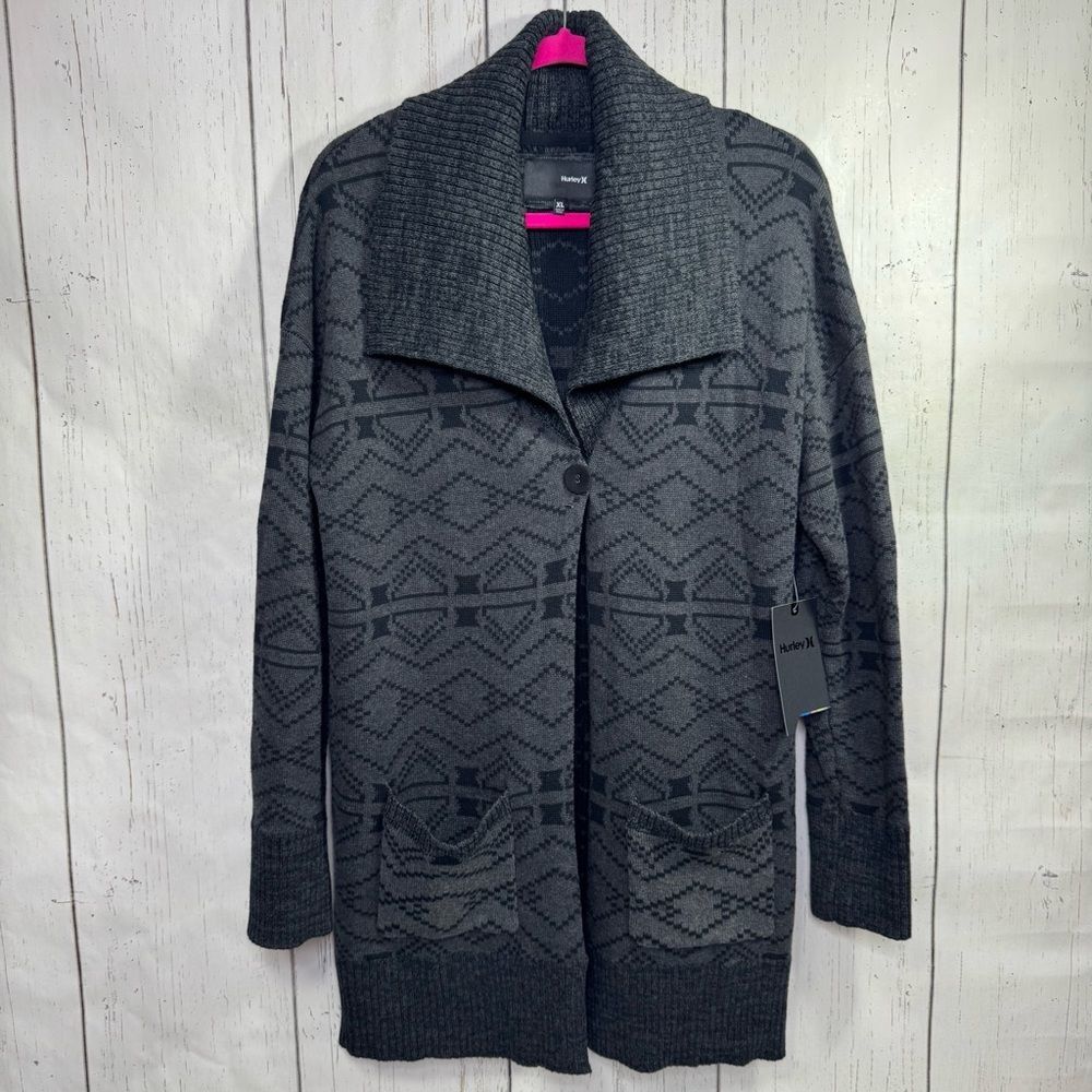 Hurley Aztec Tribal Knit Cardigan Sweater Gray Black Shawl Collar NWT Skater
